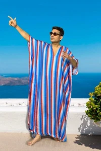 Men's Billowy Holiday Dress Kaftan Silky Tencel Digital Print Poncho Greek Style - Picture 1 of 7