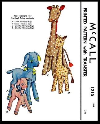 McCall 1215 Stuffed Animals Craft Fabric Sewing Pattern Giraffe Lamb Vintage 50s - Image 1 of 2