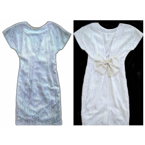 OFF WHITE Abito VINTAGE anni 80 matrimonio midi bianco sporco pizzo V schiena organza fiocco bordo perla tg2