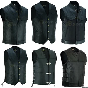 Biker Leather Waistcoat Men's Cut Motorcycle Black Various Club Bikers Vests - Picture 1 of 82