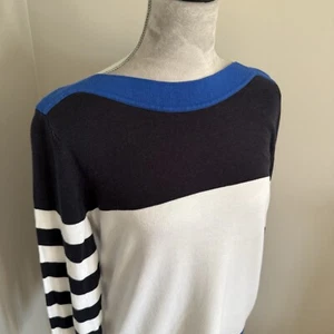 Michael Kors Women’s Boatneck Long Sleeve Sweater Sz L Nautical Black White Blue - Picture 1 of 13
