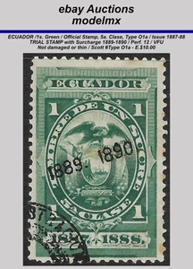 Ecuador - 1887-88, 1s. Green, Offcial Stamp, Trial Of Color, Type O1a - Picture 1 of 2