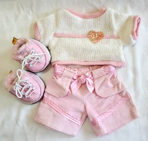 Build A Bear White & Pink Sweater Sequin Heart Girl Clothes Outfit w Shoes - Picture 1 of 10