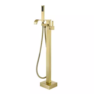 Brushed Gold Floor Mount Bath Shower Tap Mixer Watefall Tub Spout Hand Spray Set - Picture 1 of 5