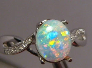 Opal & Diamond Ring , Solid 14k white Gold ,   Free Re Size - Picture 1 of 8