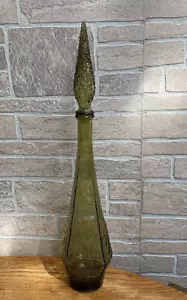 BOTTIGLIA GENIO EMPOLI vintage vetro verde goffrato disegno frutta e foglie 22,5” T - Foto 1 di 9