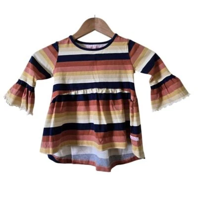 RuffleButts Striped Ruffle Bell Sleeve Tunic Top Colorful Stripes Size 2T - Image 1 of 4