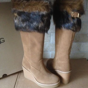 UGG VALBERG TOSCANA FUR CUFF CHESTNUT SUEDE WEDGE TALL BOOTS SIZE US 8 WOMENS - Picture 1 of 7