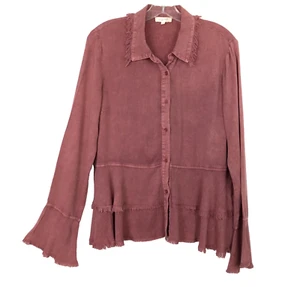 MYSTREE Tunic Blouse Size S Rusty Brown Peplum Bell Sleeve Frayed Tiered Boho - Picture 1 of 6