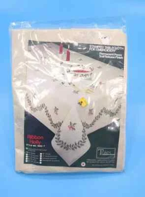 Ribbon Holly 50" Square Stamped Cross Stitch Tablecloth Kit Tobin VINTAGE - Image 1 of 4