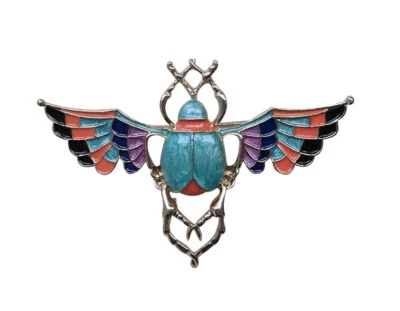 Broche bijou insecte coléoptère style scarabée égyptien, acier doré. - Photo 1/4