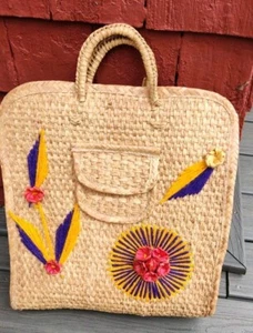 Vtg Large Woven Straw Tote Bag w/ Raised Raffia Flower Embroidery MEXICO Boho - Picture 1 of 20