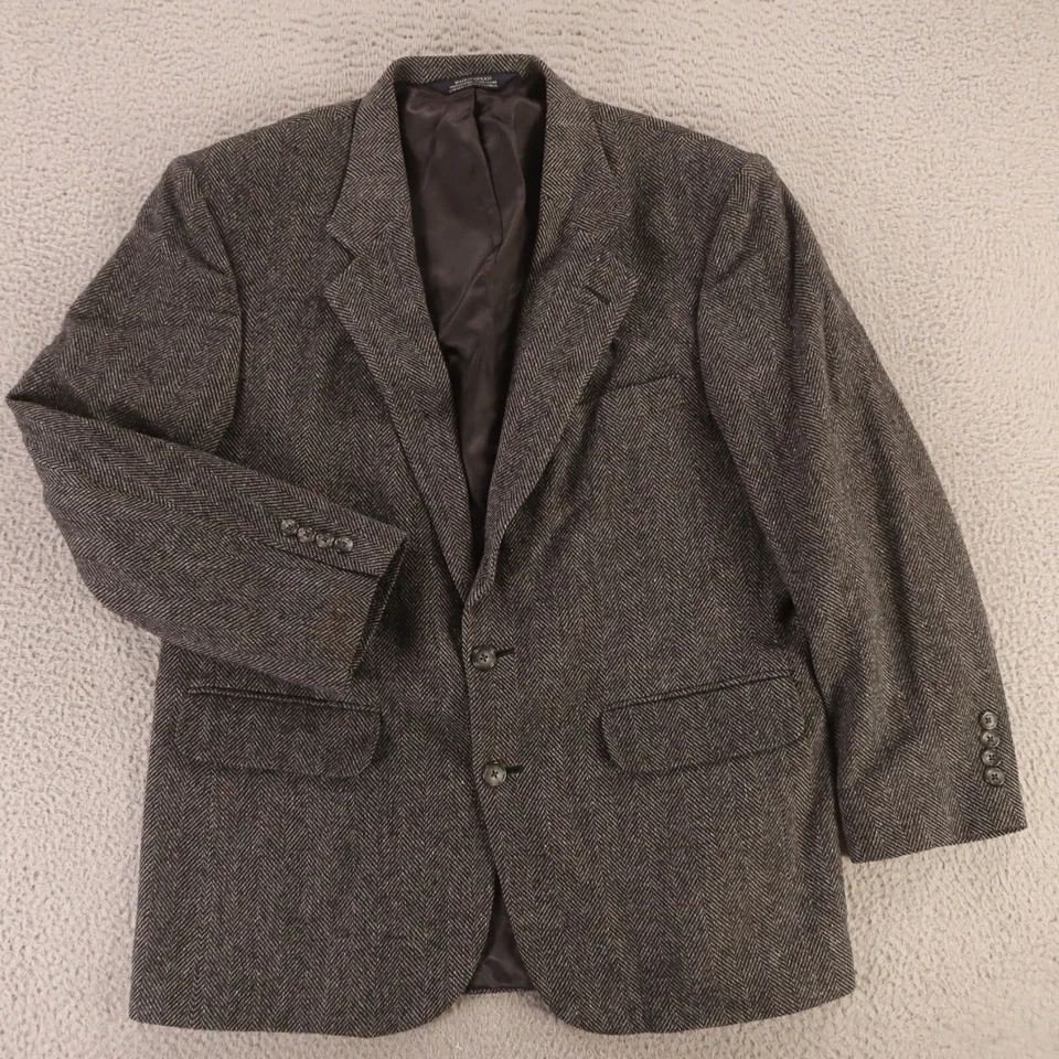 ВИНТАЖНЫЙ Твидовый жакет M серый черный в елочку из овечьей шерсти 100% шерсти блейзер 42R - Изображение 1 из 4