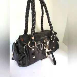 Black Leather Satchel Braided Handle Shoulder Bag Designer Style Purse - Picture 1 of 4