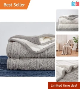 Luxurious Light Grey Acrylic Cable Knit Sherpa Blanket - 60''x80'' Gift-Ready - Picture 1 of 12