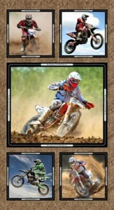Dirt Bikes Motorbikes Collage Cotton Quilting Fabric Panel - Picture 1 of 3