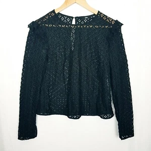 Sporgirl Size M Black Eyelet Long Sleeve Ruffled Shoulder Top - Picture 1 of 9