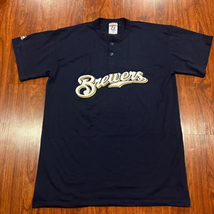 Maglietta Majestic Uomo Milwaukee Brewers Navy Henley XL Baseball MLB - Foto 1 di 6