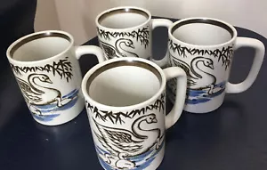 Set of Four Otagiri Swan Mugs Blue Brown Bamboo VTG Japan Made 1960s Rare find - Picture 1 of 5