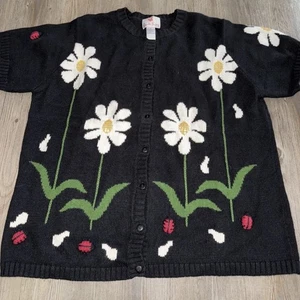 Vintage Quacker Factory 1X Gänseblümchen Marienkäfer Kurzarm Knopf Cardigan Pullover Strick - Bild 1 von 9
