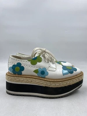 Prada White Floral Espadrille Spazzolato Leather High Platform Oxford W 5 - Image 1 of 4