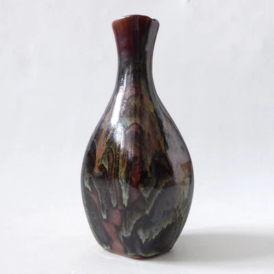 Glazed vintage art pottery vase, studio. Black brown green drip, flat oval vase - Image 1 of 4