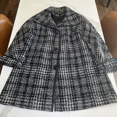 ELLEN TRACY Houndstooth Wool Blend Pea Coat Black Ivory Textured Lined Sz 14 NWT - Image 1 of 4