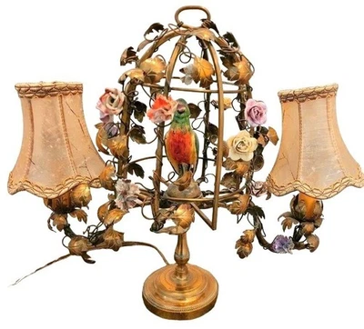 古董法国Tole 2臂烛台鸟笼灯带Enamel花卉丝绸阴影 — 第 1/4 张图片