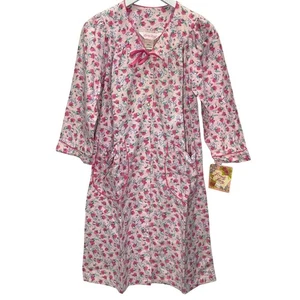 Vintage Lovely Lady Flannel Snap Button Robe House Coat S Pink Floral New - Picture 1 of 7