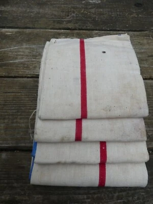 4 Torchons anciens lin bande rouge bandes polychromes salissures de stockage 72X - Photo 1/4