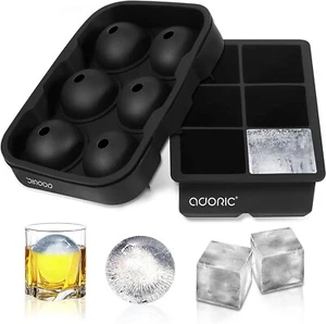 Set of 2, Large Square Silicon Ice Cube Tray and Sphere Ice Ball Maker with Lid - Picture 1 of 7