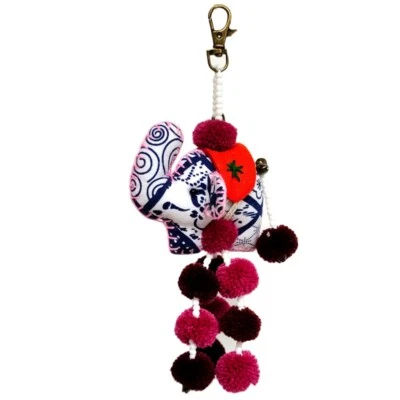 Handmade Elephant Keychain with Pom-Poms – Colorful Fabric Bag Charm - Image 1 of 4