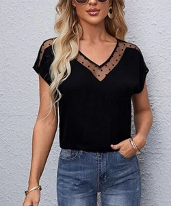 IZURIA Black Sheer Polka Dot Mesh-Accent V-Neck Top Size Large - Picture 1 of 2