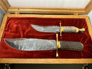 Case XX USA 1989 Stag ~ Damascus Bowie & Kodiak Fixed Blade Knife Set SN# 002 - Picture 1 of 9