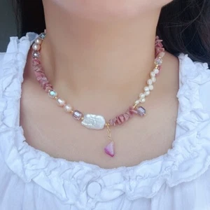 Collar de piedras preciosas de mezcla de cristales/rodocrosita/perla rosa natural 18" - Imagen 1 de 6