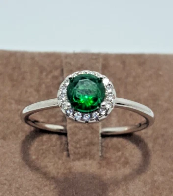Anello argento 925  rodiato  bianco donna solitario tondo zircone verde smeraldo - Immagine 1 di 4