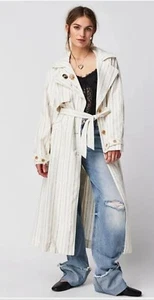 Free People Melia Mac Linen Duster Trench Coat Womens L White Tan Pinstripe - Picture 1 of 14