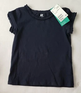 H&M Mädchen 2-4y dunkelmarine T-Shirt Plissee Kragen Ärmel 100% Bio Baumwolle Neu - Bild 1 von 2