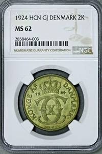 Denmark 1924 2 Kroner HCN GJ NGC MS 62 Rare S629 - Picture 1 of 2