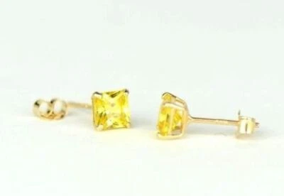 14k Yellow Gold Solid Square Princess Cut Birthstone 4MM CZ Stud Earrings - Image 1 of 4