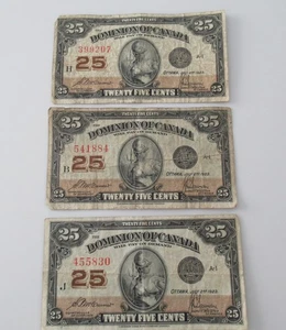 Canadian Twenty Five Cent Bill Lot -3 Bills 1923 - Picture 1 of 3
