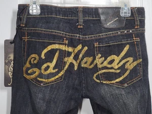 Neu mit Etikett Ed Hardy Damen 27 Tattoo Bootcut Jeans dunkle Waschung Christian Audigier 30 x 34 - Bild 1 von 13
