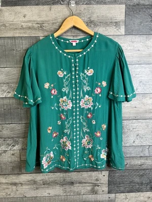 Blusa Top Monzón Mujer Talla Mediana Verde Bordada Floral Boho Flutter Foto 1 de 4