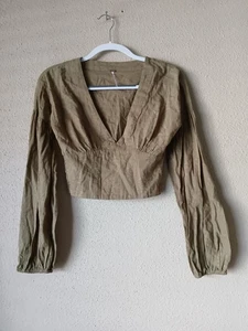 Blusa Free People Mujer XS Oliva Calada Recortada Cuello en V Manga Larga Boho - Imagen 1 de 9