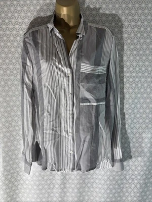 Womens Next Uk 10 White Grey Stripe Long Roll Tab Sleeve Thin Casual Blouse Top - Image 1 of 4
