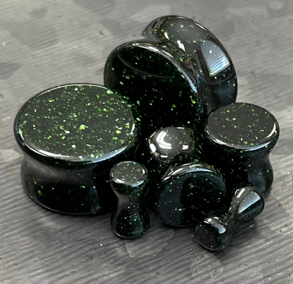 PAR de tapones de vidrio de piedra dorada verde piedra arenisca auricular medidores Foto 1 de 4