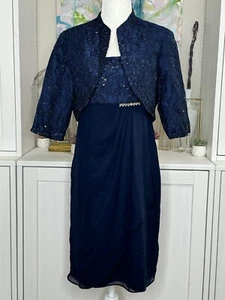 R&M Richards 2-teiliges Kleid Größe 8p dunkelblau Brautmutter Perlen Chiffon - Bild 1 von 10