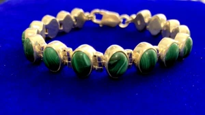 925 Silver & Malachite Bracelet ~ 6.5"  ~ 7.5mm ~ Wt. 23.4g  ~ 16 Gemstones - Picture 1 of 13