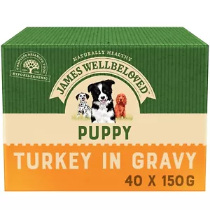 40 x 150g James Wellbeloved Puppy Wet Dog Food Pouches Turkey & Rice In Gravy - Picture 1 of 9