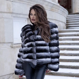 Luxus Damen Natur Rex Kaninchenfell Kurzmantel Chinchilla Reverskragen Mantel - Bild 1 von 4